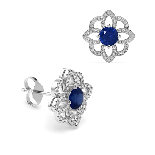 4 Prong Round Flower style halo Blue Sapphire Diamond Earrings