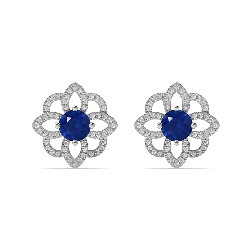 4 Prong Round Flower style halo Blue Sapphire Diamond Earrings