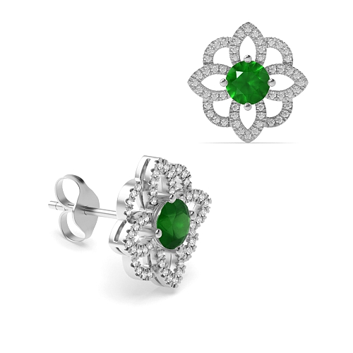 4 Prong Round Flower style halo Emerald Diamond Earrings