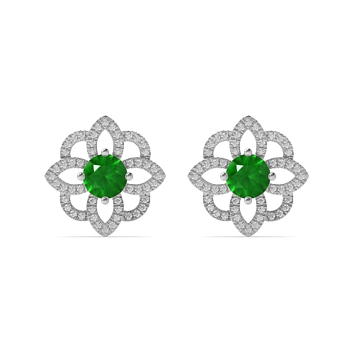 4 Prong Round Flower style halo Emerald Diamond Earrings