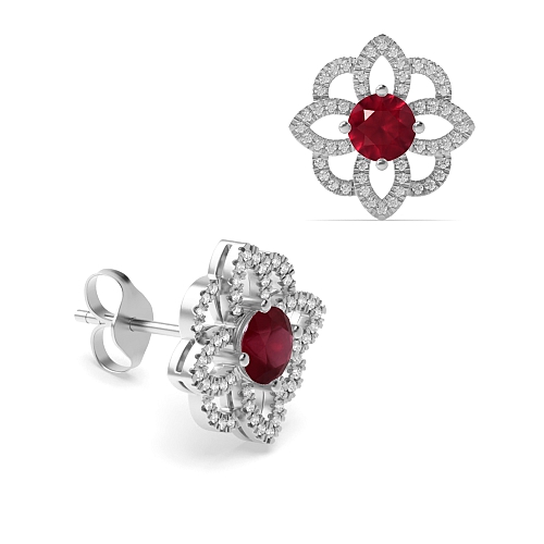 4 Prong Round Flower style halo Ruby Diamond Earrings
