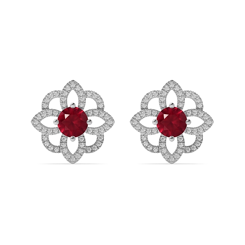4 Prong Round Flower style halo Ruby Diamond Earrings