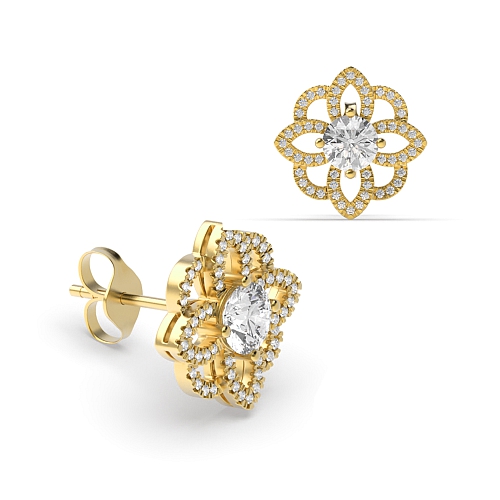 4 Prong Round Yellow Gold Flower style halo Stud Diamond Earrings