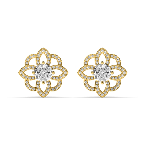 4 Prong Round Yellow Gold Flower style halo Stud Diamond Earrings
