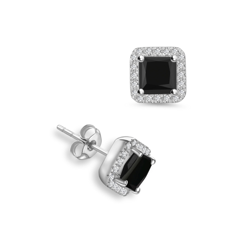 Princess Shape Square Diamond Halo Black Diamond Earrings
