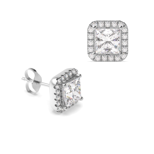 Princess Shape Square Diamond Halo Diamond Earrings Available in Rose, Yellow, White Gold and Platinum