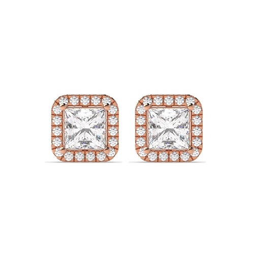 4 Prong Princess Rose Gold Square halo Stud Diamond Earrings
