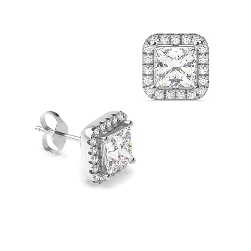 4 Prong Princess Silver Square halo Halo Diamond Earrings