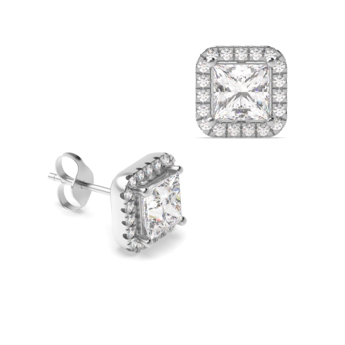 4 Prong Princess square halo Stud Earrings