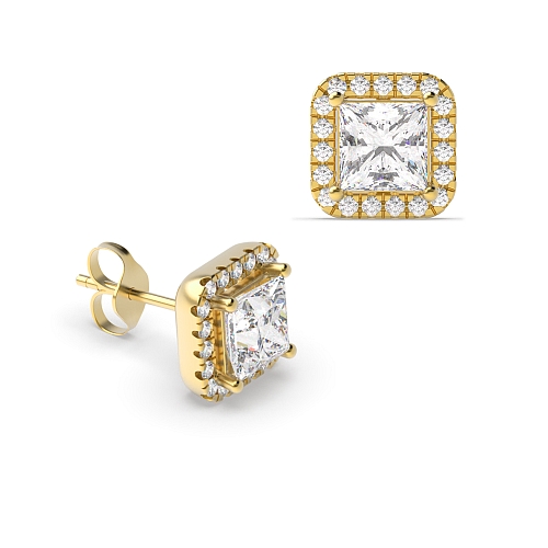 4 Prong Princess Yellow Gold Square halo Stud Diamond Earrings