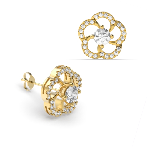 4 Prong Round Yellow Gold Jacket Stud Diamond Earrings