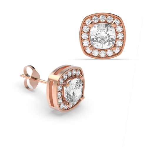 Cushion Shape Diamond Halo Diamond Earrings Available in Rose, Yellow, White Gold and Platinum