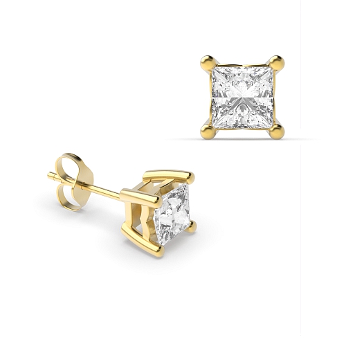 4 Prong Princess Yellow Gold Casual Stud Diamond Earrings