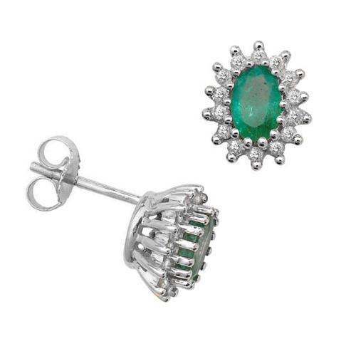 4 Prong Oval Platinum Emerald Gemstone Diamond Earrings
