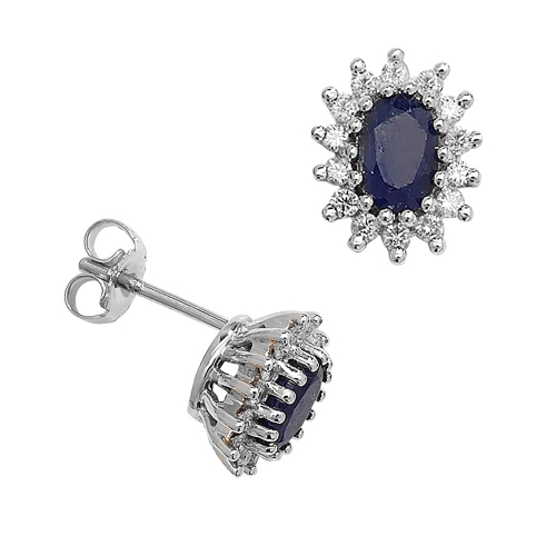 4 Prong Oval White Gold Blue Sapphire Gemstone Diamond Earrings