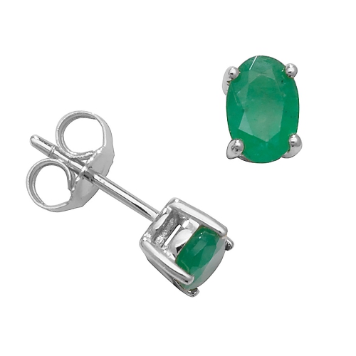 4 Prong Oval White Gold Emerald Gemstone Diamond Earrings