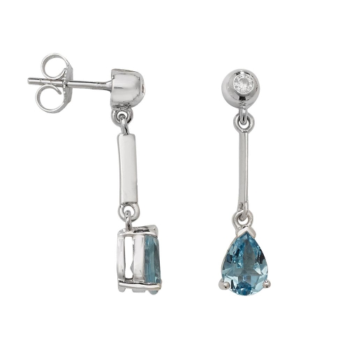 Prong Pear Silver Long bar 7x5mm drop diamond and Naturally Mined Gemstone Diamond Earrings
