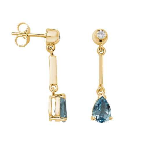 Prong Pear Yellow Gold Long bar 7x5mm drop diamond and Lab Grown Diamond Earrings