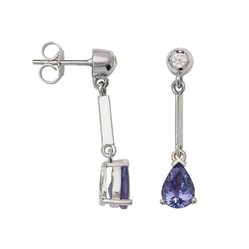 Prong Pear Silver Long bar 7x5mm drop diamond and Naturally Mined Gemstone Diamond Earrings
