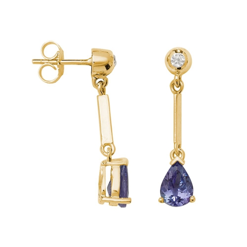 Prong Pear Yellow Gold Long bar 7x5mm drop diamond and Lab Grown Diamond Earrings