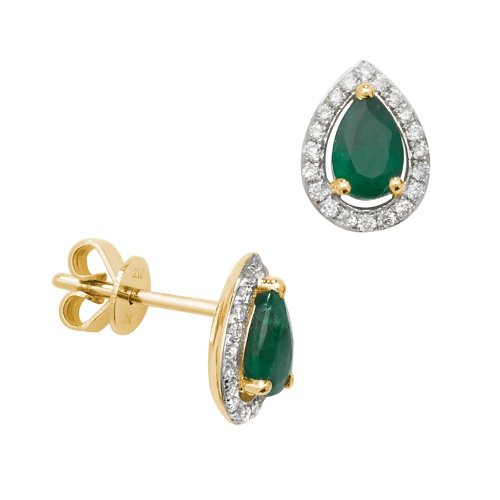 Pear Shape Halo Diamond and Emerald Gemstone Earrings