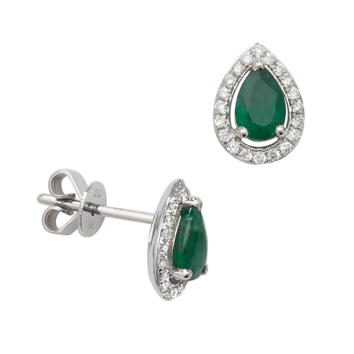 Prong Pear Classic halo diamond and Emerald Diamond Earrings
