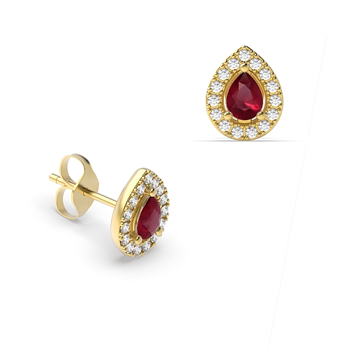 Prong Pear Yellow Gold Classic halo diamond and Lab Grown Diamond Earrings