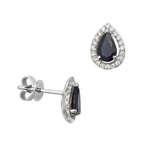 Pear Shape Halo Diamond and Blue Sapphire Gemstone Earrings