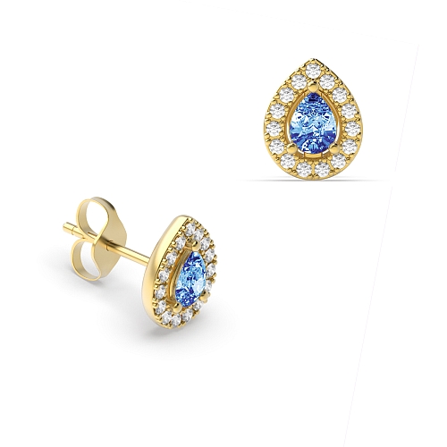 Prong Pear Yellow Gold Classic halo diamond and Lab Grown Diamond Earrings