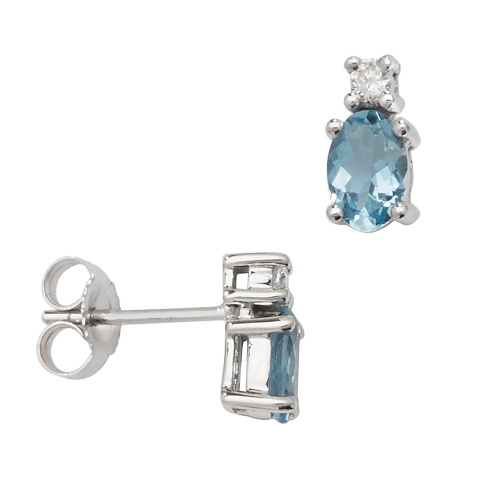 Oval Shape Diamond And 6 X 4Mm Aquamarine Gemstone Earrings