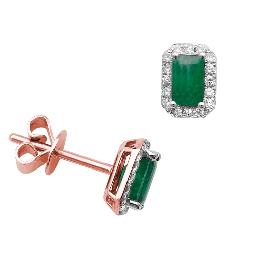 Rectangular Shape Halo Diamond And Emerald Gemstone Earrings