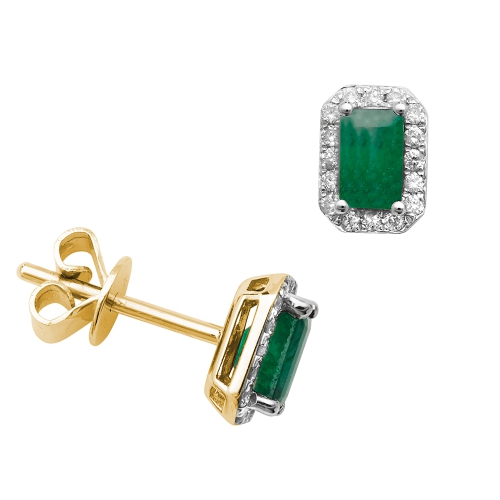 Rectangular Shape Halo Diamond And Emerald Gemstone Earrings