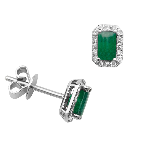 4 Prong Emerald Silver 5x3mm halo diamond and Lab Grown Diamond Earrings