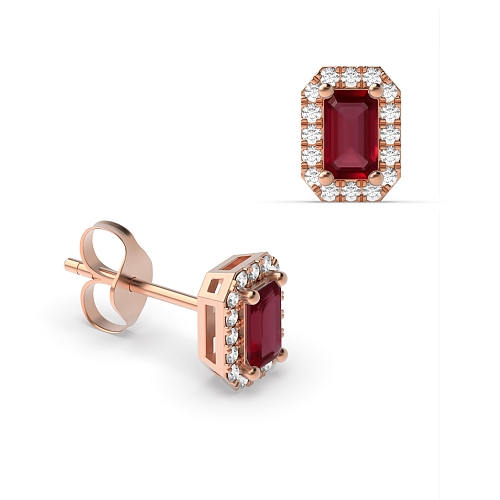 4 Prong Emerald Rose Gold 4.5x3mm halo diamond and Lab Grown Diamond Earrings