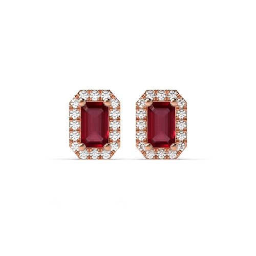 4 Prong Emerald Rose Gold 4.5x3mm halo diamond and Lab Grown Diamond Earrings