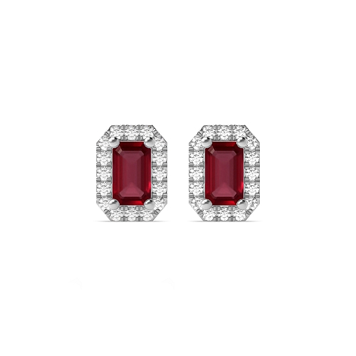 4 Prong Emerald White Gold 4.5x3mm halo diamond and Lab Grown Diamond Earrings