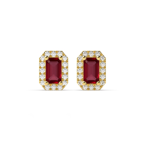 4 Prong Emerald Yellow Gold 4.5x3mm halo diamond and Lab Grown Diamond Earrings