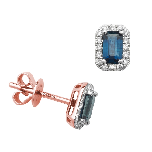 Rectangular Shape Halo Diamond and Blue Sapphire Gemstone Earrings