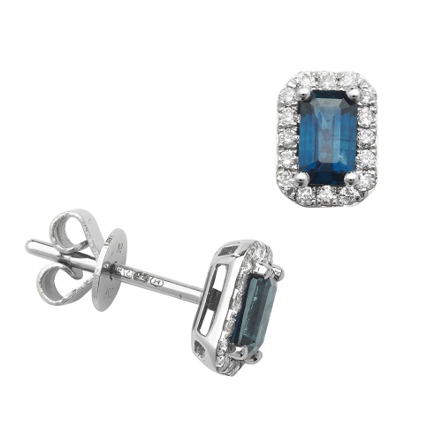 4 Prong Emerald Blue Sapphire Gemstone Diamond Earrings