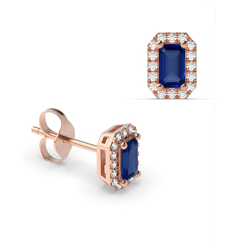 4 Prong Emerald Rose Gold 4.5x3mm halo diamond and Lab Grown Diamond Earrings