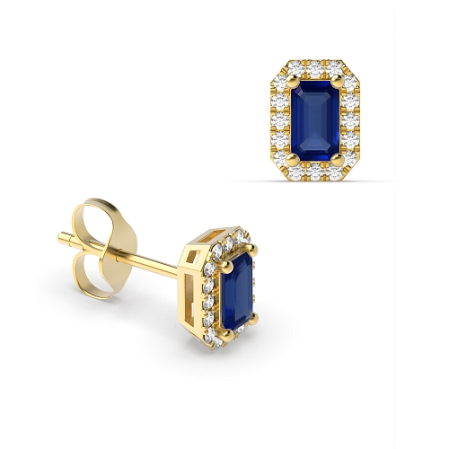 4 Prong Emerald Yellow Gold 4.5x3mm halo diamond and Lab Grown Diamond Earrings