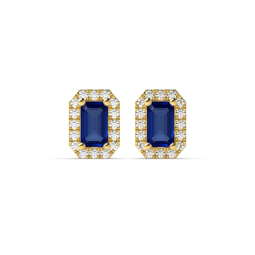 4 Prong Emerald Yellow Gold 4.5x3mm halo diamond and Lab Grown Diamond Earrings