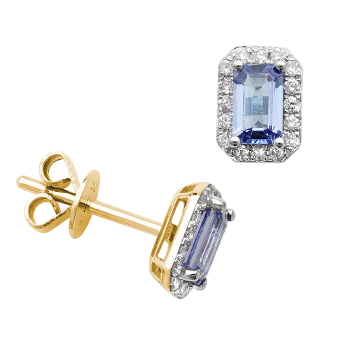Rectangular Shape Halo Diamond And Tanzanite Gemstone Earrings