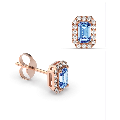 4 Prong Emerald Rose Gold 4.5x3mm halo diamond and Lab Grown Diamond Earrings