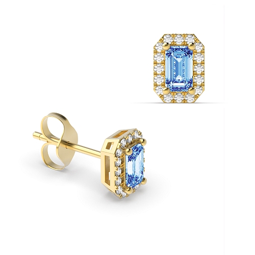 4 Prong Emerald Yellow Gold 4.5x3mm halo diamond and Lab Grown Diamond Earrings