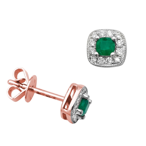 Round Shape Square Halo Diamond And Emerald Gemstone Earrings