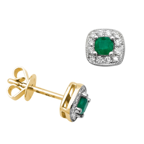 Round Shape Square Halo Diamond And Emerald Gemstone Earrings
