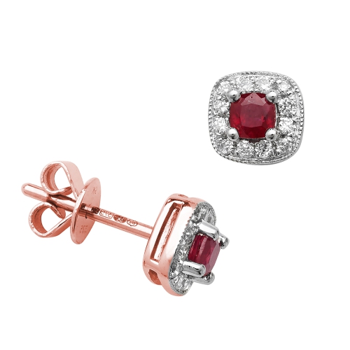 4 Prong Round Rose Gold 3mm cushion shaped halo diamond and Lab Grown Diamond Earrings