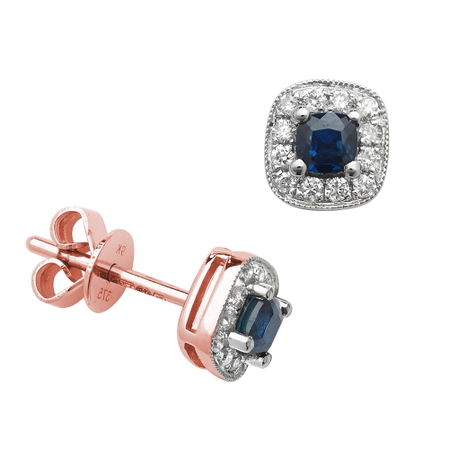 4 Prong Round Rose Gold 3mm cushion shaped halo diamond and Lab Grown Diamond Earrings