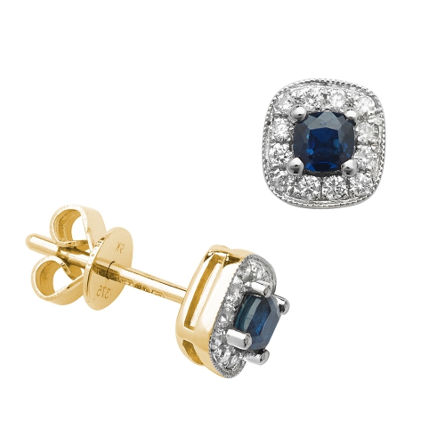 4 Prong Round Yellow Gold 3mm cushion shaped halo diamond and Lab Grown Diamond Earrings